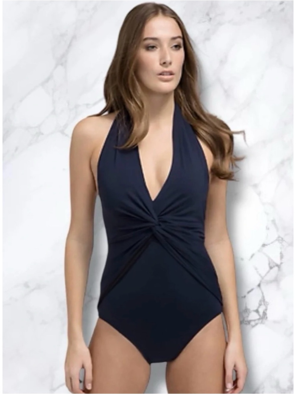 Michael Kors Women’s Deep V Front Twist Halter One Piece Swimsuit Sz 4 Navy Blue